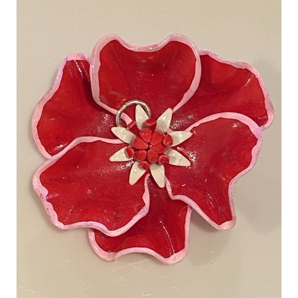 Vintage Red Hibiscus Enamel Flower Lucite Acrylic Pin Brooch 2.5" Hand Painted